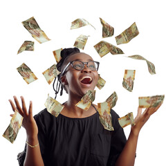 Aufkleber - 3D rendering kenyan shilling notes flying around an excited black lady in different angles and orientations isolated on transparent background.

