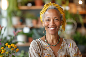 Wall Mural - Portrait of a happy and smiling black woman, small business owner in her plant retail store	