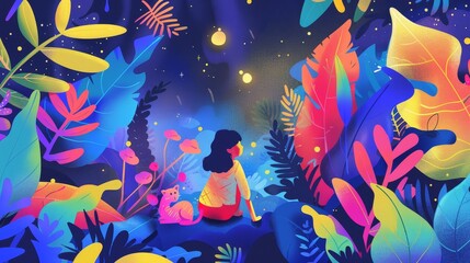 Wall Mural - A Girl Gazing at the Stars in a Dreamy Forest - A young girl sits in a magical forest at night, gazing up at the stars. She is surrounded by colorful leaves and glowing lights, creating a dreamlike at