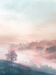 Wall Mural - Misty Morning Landscape - A solitary tree stands on a misty hillside against a backdrop of rolling hills and soft pastel clouds. The soft, dreamlike atmosphere creates a sense of tranquility and peace