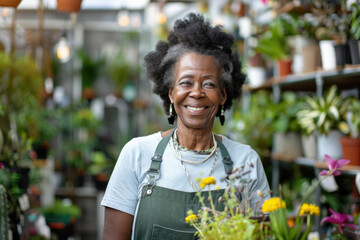 Wall Mural - Portrait of a happy and smiling black woman, small business owner in her plant retail store	