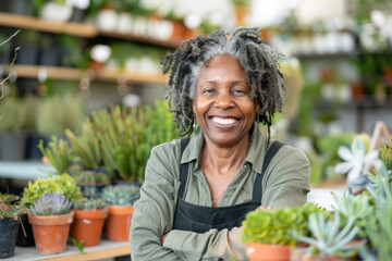 Wall Mural - Portrait of a happy and smiling black woman, small business owner in her plant retail store	