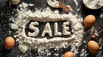 Canvas Print - Baking preparation concept sale spelled in flour on black table