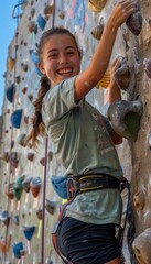 Beginner Climber Reaching the Top of a Wall with a Big Smile and Sense of Accomplishment