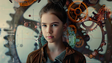 Sticker - A young girl is looking at the camera with a serious expression on her face She is wearing a brown jacket and has her hair in a bun Gears and cogs surround her head.