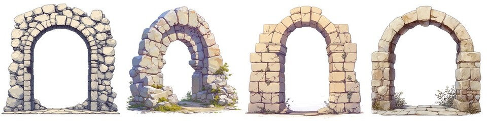 Set of four ancient stone archways isolated on white background, showcasing different styles and textures in architectural design.