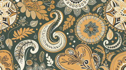 Poster - A patterned fabric with flowers and leaves in gold and green colors