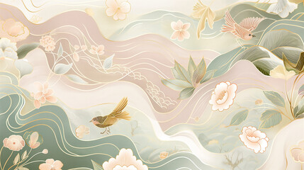 Wall Mural - A painting of a river with a bird flying over it