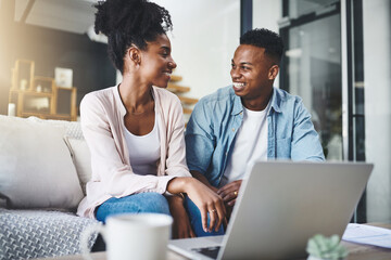 Wall Mural - Laptop, happy and black couple on sofa for online banking, internet payment and website in home. Dating, relationship and man and woman on computer for bonding, ecommerce and relax in living room