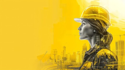 Double exposure of a woman engineer wearing hard hat and cityscape on yellow background with copy space, female engineer and buildings under construction