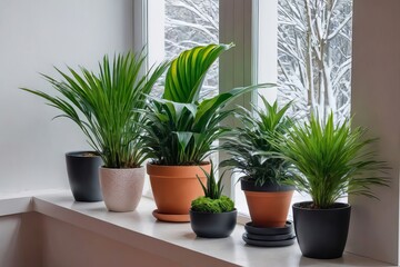 a fragment of the interior with potted indoor plants. landscaping of the house. the concept of indoo