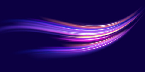 Fototapete - Abstract neon light rays background. A Colorful Motion Background of City Light Trails. Purple glowing wave swirl, impulse cable lines. Long time exposure. Vector