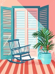 A blue rocking chair sits on a striped porch in front of a window with shutters. Sunlight streams through the shutters. A potted plant stands to the right of the chair