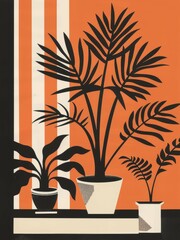 Poster - Three black silhouette plants in white pots on a white ledge with an orange and white striped wall in the background