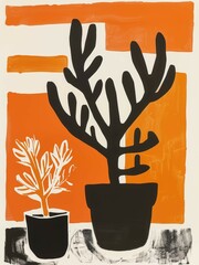 Poster - Two black and white plants in pots are featured against an orange background