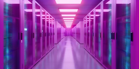 Wall Mural - Data center with rows of server racks lit by neon lights. Concept Neon Lights, Server Racks, Data Center, Technology, Illuminated