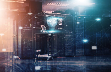 Poster - Database, double exposure and hologram of earth in server room for cybersecurity or information technology. 3D, computer and future with international, global or world communication and connectivity