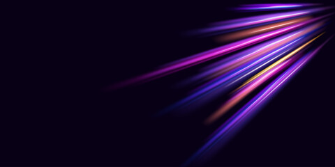 Fototapete - Abstract neon light rays background. A Colorful Motion Background of City Light Trails. Purple glowing wave swirl, impulse cable lines. Long time exposure. Vector