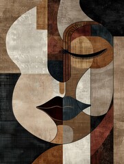 Wall Mural - A close-up of an abstract portrait of a woman with her eyes closed, composed of geometric shapes and textures in brown, white, and black tones