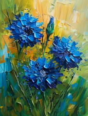 Poster - Three blue flowers with thick, textured petals bloom against a yellow and green background in an abstract oil painting