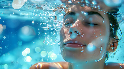 Poster - A happy woman is leisurely swimming underwater with her eyes closed in a pool with electric blue water, enjoying the recreation and fun amidst the skyscrapers on a travel getaway