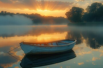 Wall Mural - A tranquil lake at dawn with mist rising from the water, a small rowboat, and the sun starting to break through the clouds