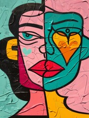 Wall Mural - A vibrant, colorful abstract portrait of a woman with a heart-shaped eye