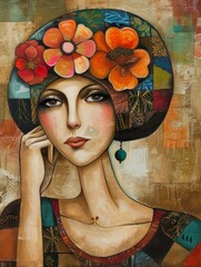 Wall Mural - A woman wearing a floral headband and patterned dress, with her hand resting on her chin, is the subject of a modern portrait painting