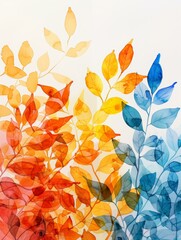 Wall Mural - Watercolor painting depicting branches with leaves in shades of red, orange, yellow, and blue