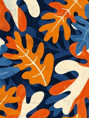 Poster - A colorful abstract pattern design featuring overlapping leaves in shades of orange, blue, and white on a dark blue background