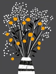 Poster - A vase with black and white stripes holds a bouquet of white berries and orange flowers, all on a gray background