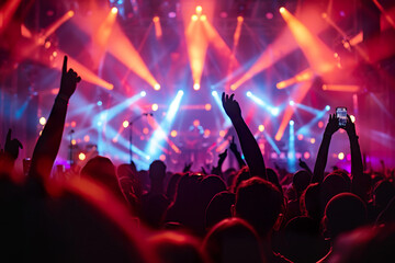 A group of people are at a concert, with their hands raised in the air, generative ai image.