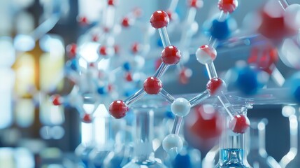 Abstract illustration of chemical laboratory research featuring a cosmetic laboratory with a glass model of molecules