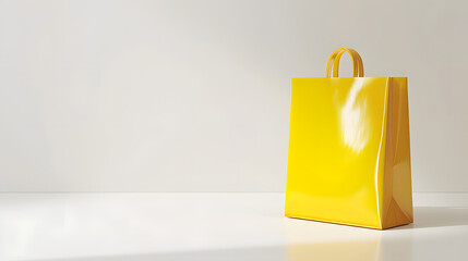 A yellow plastic 3d style shopping pack with handles. Yellow shopping plastic or glowing paper bag isolated on white background.