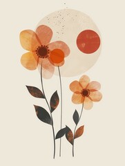 Poster - A watercolor illustration featuring three orange flowers with brown stems and leaves, set against a white background with a large, abstract circle and a smaller red circle