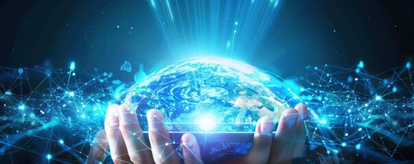 Wall Mural - mobile internet world communication, satellite network concept panorama. generative ai.