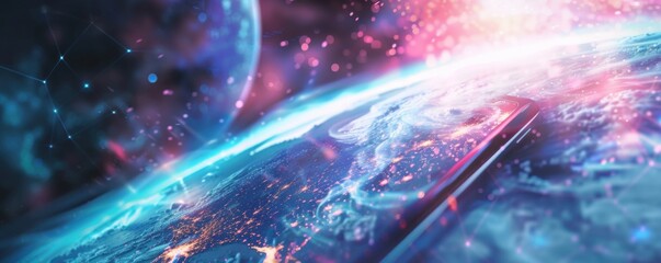 Wall Mural - mobile internet world communication, satellite network concept panorama. generative ai.