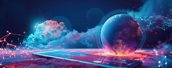 Wall Mural - mobile internet world communication, satellite network concept panorama. generative ai.