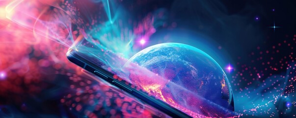 Wall Mural - mobile internet world communication, satellite network concept panorama. generative ai.