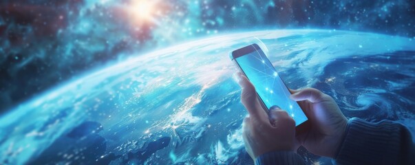 Wall Mural - mobile internet world communication, satellite network concept panorama. generative ai.
