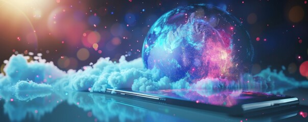Wall Mural - mobile internet world communication, satellite network concept panorama. generative ai.