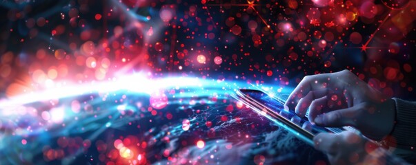 Wall Mural - mobile internet world communication, satellite network concept panorama. generative ai.