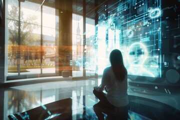 Poster - A woman sits in a futuristic office space, gazing at a large digital interface displaying complex data and a glowing human face