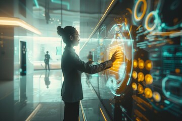 Poster - A businesswoman stands in a modern office, interacting with a large digital screen displaying complex data and visuals