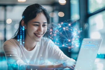 Poster - A woman sits at a desk in an office, smiling warmly at her laptop. Behind her, glowing digital lines and network connections appear to symbolize her deep connection with the online world