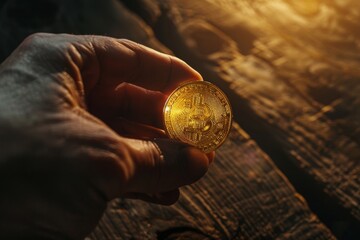 Poster - A hand holds a physical bitcoin, illuminated by soft natural light, against a rustic wooden backdrop