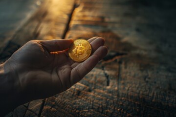 Aufkleber - A hand holds a physical Bitcoin illuminated by soft natural light, with a blurred background of a wooden surface