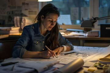 Poster - A female architect sits at her desk, illuminated by a desk lamp, intently reviewing and working on a large architectural blueprint spread across the table