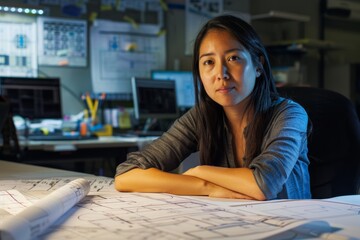 Poster - A female architect sits at her desk in an office, surrounded by architectural blueprints and technical drawings. She is reviewing the blueprints with a focused expression