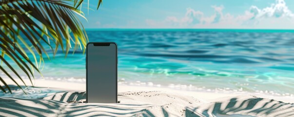 Wall Mural - mobile phone mockup on the tropical beach near sea, holiday internet concept panorama. generative ai
